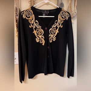 Carole Little Black and Gold Cardigan with Ornate Embellishments